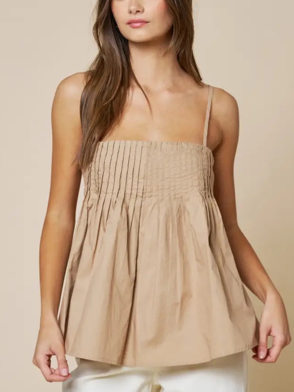 Neutral Smocked Babydoll Cami Tank